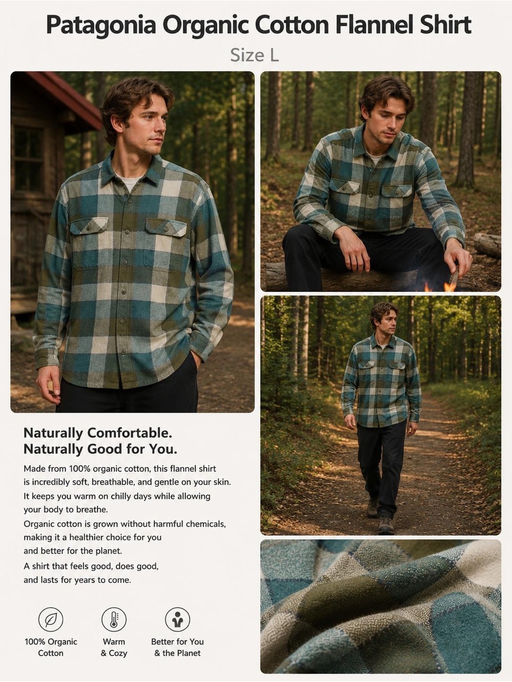 Patagonia Teal, Olive & Cream Plaid Flannel Shirt